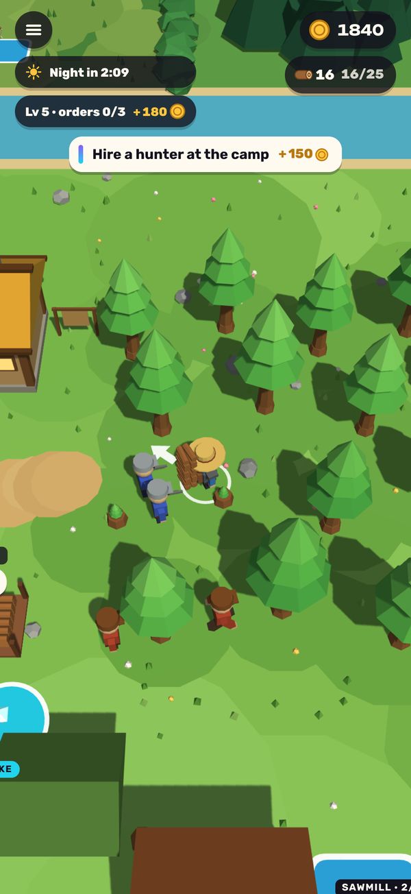 The village: the hero with a stack of logs, lumberjacks and the storehouse